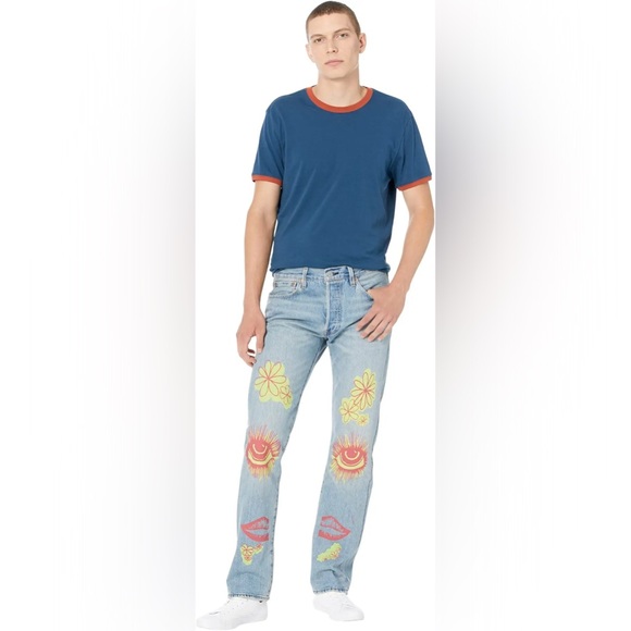 NWT Levi's Premium 501 Jeans Men’s Hippie Love Peace Groovy Flowers - Picture 2 of 14